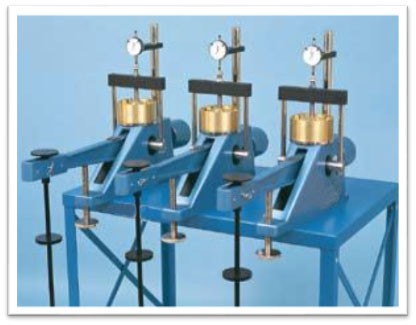 Consolidation apparatus  (set of 3 mounted frames on a metallic table)